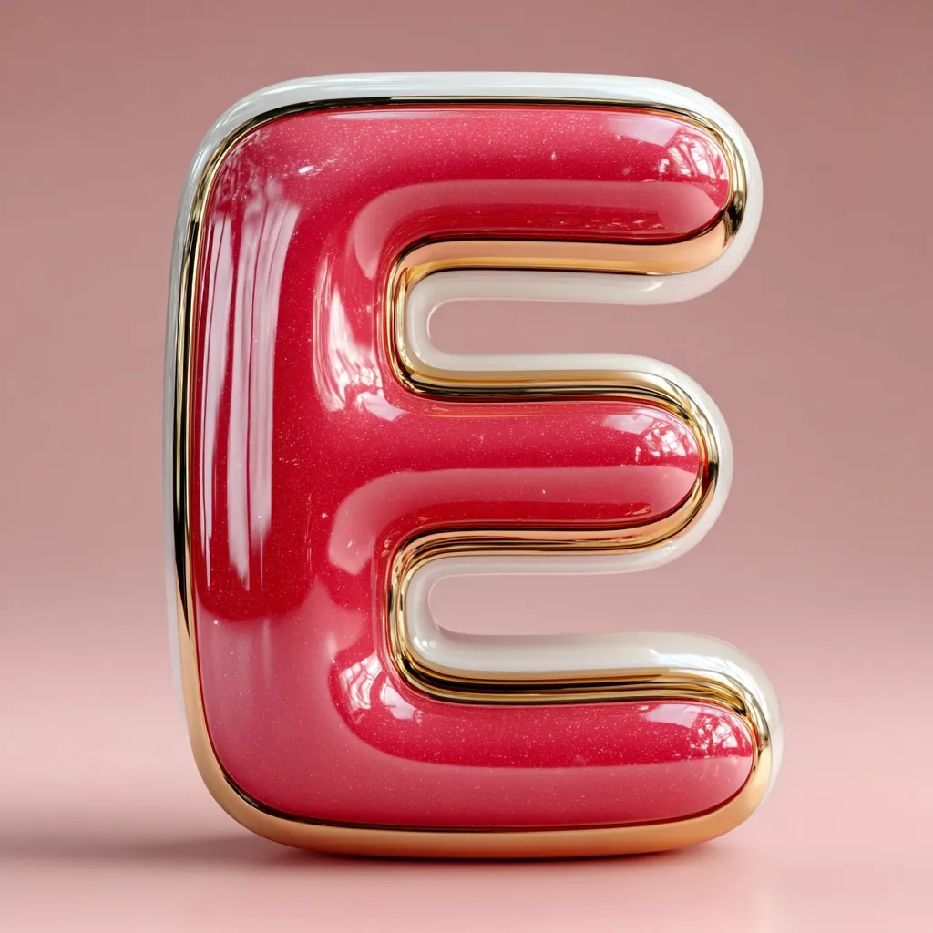 A glossy, three-dimensional letter "E" is presented.  The letter is a vibrant pink with subtle sparkles, encased in a gold and off-white border, giving it a luxurious and playful appearance.  The design is smooth and rounded, suggesting a bubbly or inflated texture. The letter stands against a pale pink background.