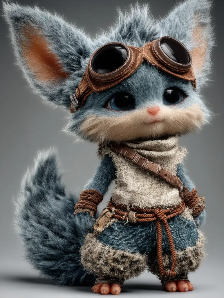 A charming, digitally rendered creature resembles a furry, blue-grey fox or squirrel.  Large, expressive eyes and floppy ears add to its endearing appeal. It wears aviator goggles and rustic clothing, including a tattered tunic and rope belt, suggesting an adventurous spirit.  The detailed fur texture and clothing are striking. The character's overall appearance blends cuteness with a touch of ruggedness.