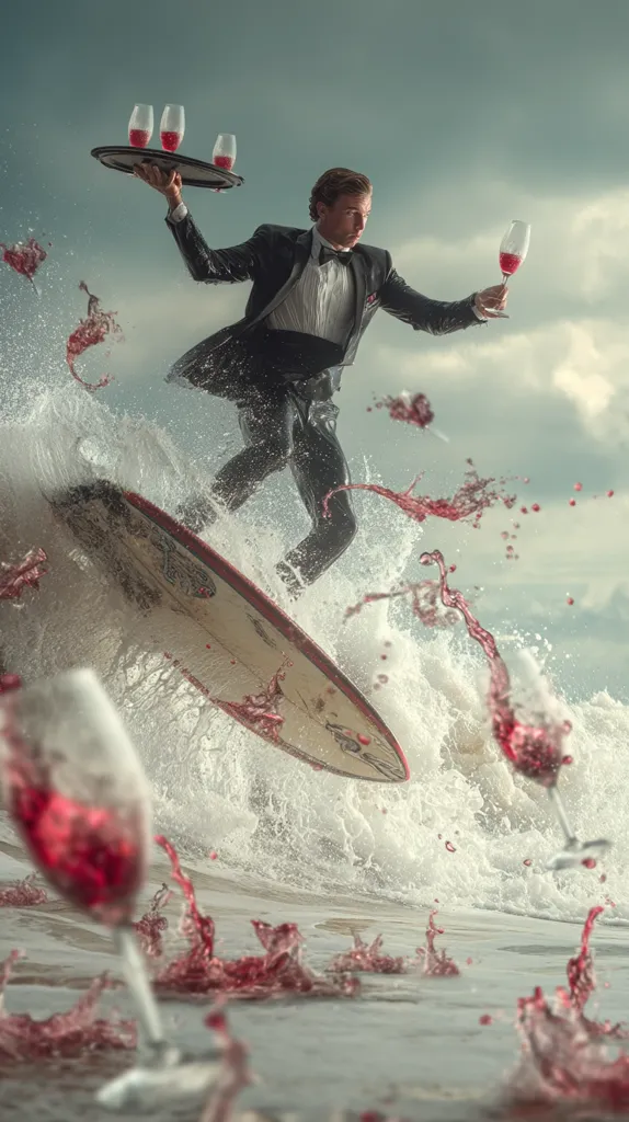 A waiter in a tuxedo, balancing a tray of wine glasses, expertly rides a surfboard through a crashing wave.  Red wine splashes dramatically around him, creating a dynamic and surreal scene. The image is a striking juxtaposition of formal elegance and adventurous action, capturing a moment of unexpected artistry.