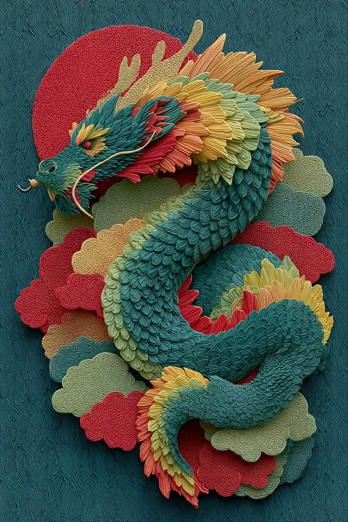 A vibrant, intricately detailed dragon, crafted in a style reminiscent of paper carving, dominates the image.  Its scales shimmer in shades of teal, yellow, and red, contrasting beautifully against a deep teal background textured like woven fabric.  The dragon coils gracefully amidst stylized clouds in matching colors, creating a dynamic and visually striking composition.  A large red circle, similarly textured, adds depth to the background, enhancing the artwork's overall aesthetic appeal.