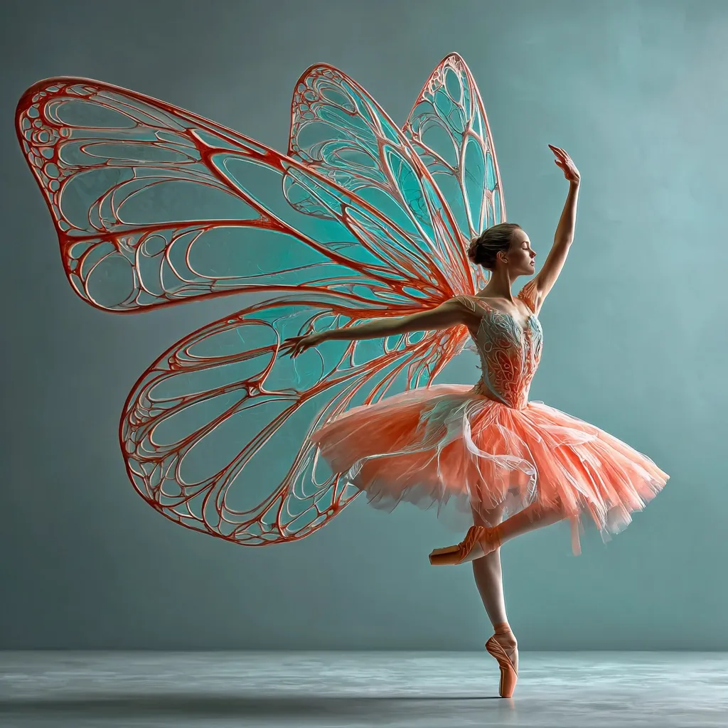 A ballerina, poised in mid-air, gracefully balances on pointe.  She's adorned in a delicate peach tutu and a striking costume detailed with intricate, ethereal wings resembling a large butterfly. The wings, a mesmerizing blend of teal and coral, are intricately designed, adding a fantastical element to her elegant pose against a muted teal background. The overall image evokes a sense of ethereal beauty and artistic movement.