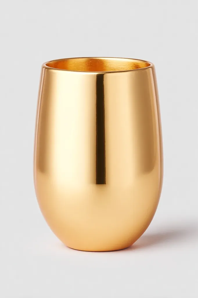 A gold-colored metallic cup, possibly made of brass or a similar material, is shown against a light gray background.  Its shape is rounded, wider at the bottom and slightly narrower at the rim. The surface is smooth and highly polished, reflecting light with a warm, golden sheen.  The cup appears to be empty.