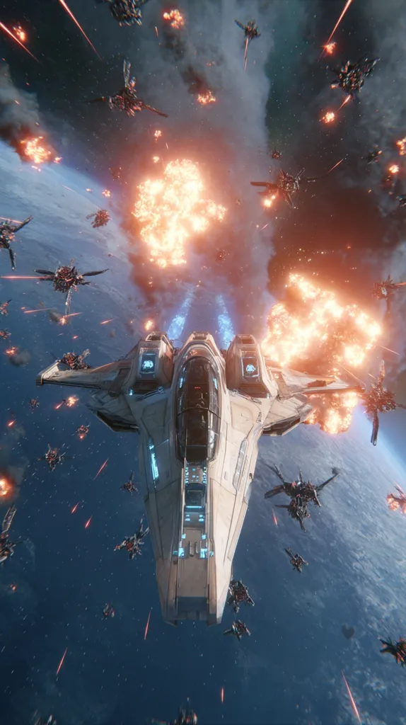 A lone spaceship, light beige with blue accents, is engaged in intense space combat.  Numerous smaller, dark-colored enemy ships surround it, firing energy blasts.  Explosions erupt around the central vessel, creating a fiery spectacle against the backdrop of a dark blue space and a partially visible planet.  The scene is dynamic and suggests a desperate struggle for survival.
