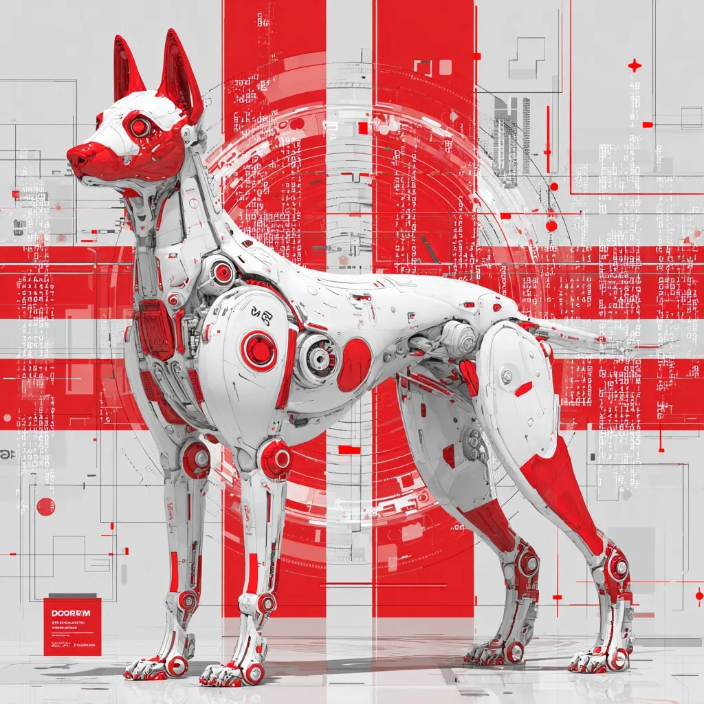 A robotic dog, predominantly white with red accents, stands against a backdrop of red and white technological schematics.  Its design is intricately detailed, showcasing exposed mechanical components. The image evokes a futuristic, possibly cybernetic, aesthetic with a blend of organic and technological elements.  The dog's pose is alert and poised.
