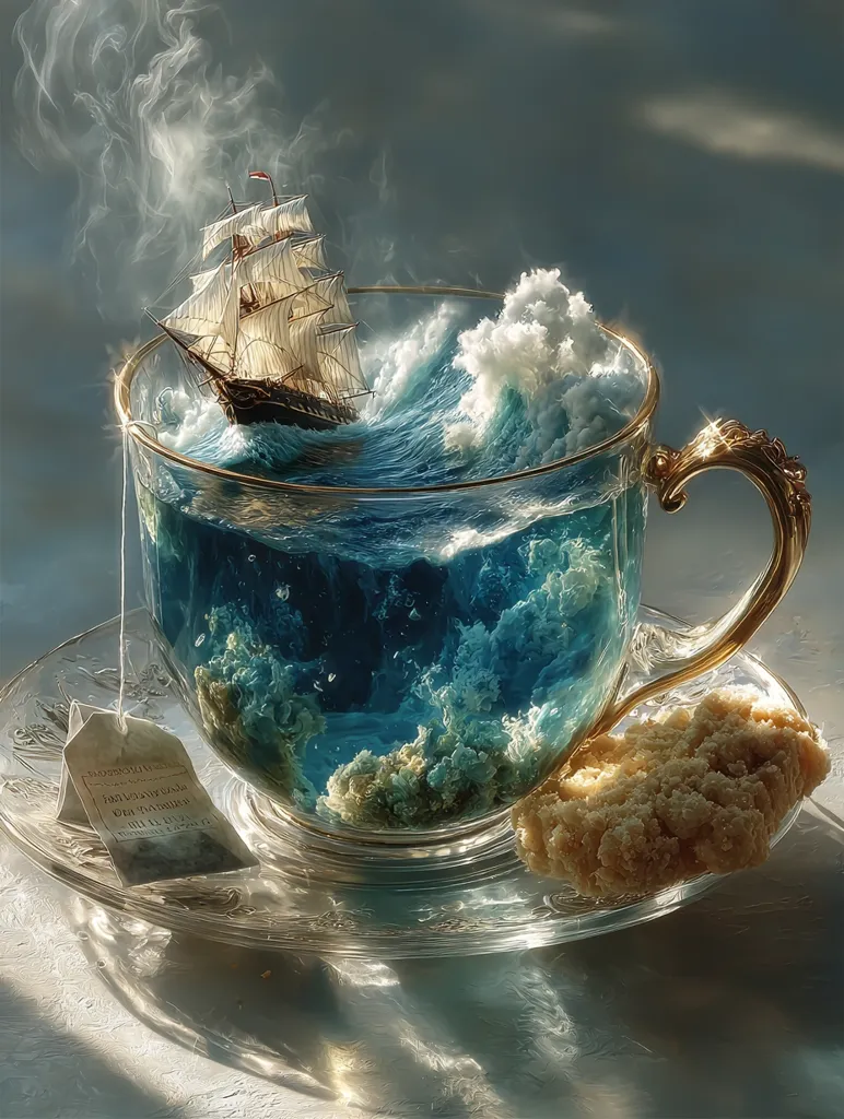A large teacup, with a gilded handle, holds a miniature ocean scene.  A three-masted sailing ship navigates turbulent waves within the glass.  Whimsical clouds and a teabag add to the surreal, dreamlike quality of the image. A crumbly biscuit sits on the saucer beside the cup, bathed in sunlight. The overall effect is one of magical realism.