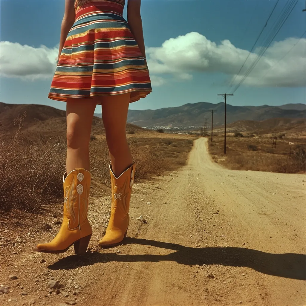 A woman in a colorful striped mini-skirt and yellow cowboy boots stands on a dusty desert road.  The road stretches towards distant mountains under a partly cloudy blue sky.  The scene evokes a sense of freedom and adventure, highlighting the contrast between the vibrant clothing and the arid landscape.  Her shadow stretches long in the afternoon sun.