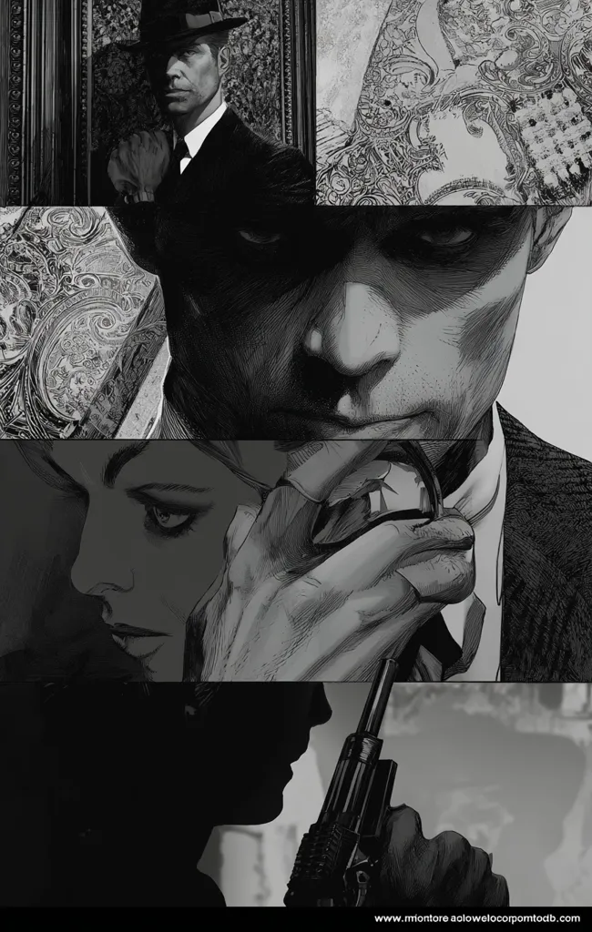 A monochromatic collage depicts scenes from a noir-style narrative.  A sharply dressed man in a fedora is shown alongside intense close-ups of a man's face and a woman's profile.  A hand adjusts a tie, suggesting tension.  A gun is partially visible in the lower right, hinting at violence.  The overall atmosphere is dark, mysterious, and evocative of film noir aesthetics.
