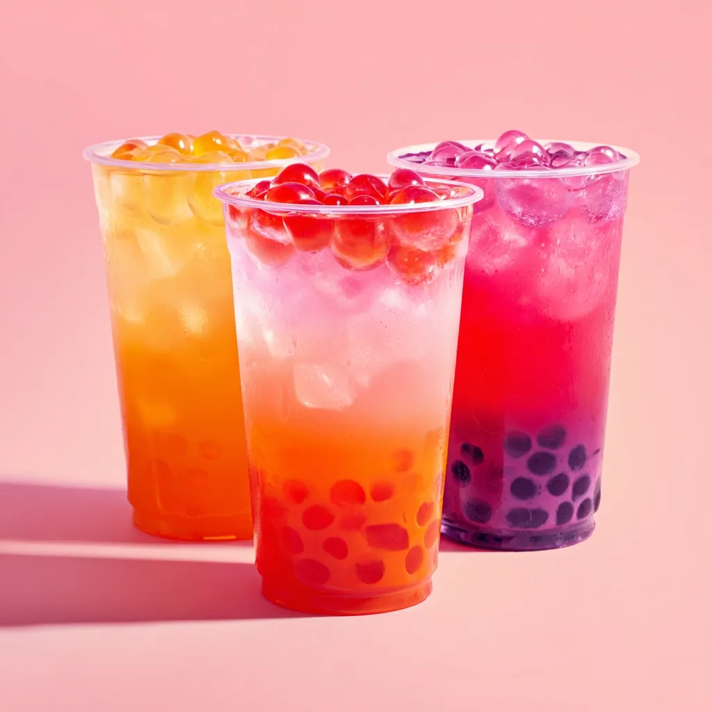 Three vibrant bubble tea drinks in clear plastic cups sit on a pink background.  The leftmost cup contains a bright orange tea with orange boba. The center cup shows a pink and orange layered tea with orange boba. The rightmost cup features a deep pink and purple tea with dark purple boba.  Ice cubes are visible in each drink.