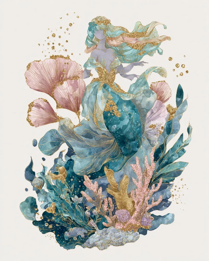 A mermaid with flowing teal and gold hair sits amidst an underwater scene.  Her gown shimmers with gold accents, blending seamlessly with the surrounding coral, seaweed, and delicately rendered aquatic flora.  The artwork features a soft color palette of blues, pinks, and gold, creating a dreamy, ethereal effect.  Gold glitter accents add sparkle and depth.