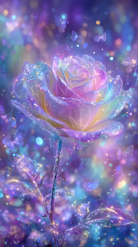 A breathtaking image depicts a single rose, its petals shimmering with iridescent glitter, bathed in a magical, pastel-hued glow.  Surrounding the rose, butterflies flutter amidst a sparkling bokeh effect, creating a dreamy, ethereal atmosphere. The colors blend seamlessly, ranging from soft purples and pinks to blues and teals, enhancing the fantastical quality of the artwork. The overall impression is one of enchantment and delicate beauty.