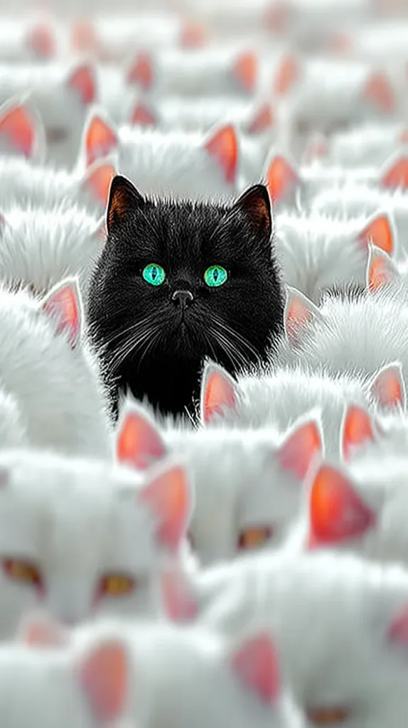 A single black cat with vibrant green eyes stands out amidst a crowd of white cats. The black cat is centrally positioned, its dark fur contrasting sharply with the surrounding sea of white. The image creates a striking visual effect, highlighting the uniqueness of the black cat within a uniform group.  The focus is primarily on the black cat's face, its intense gaze drawing the viewer's attention.