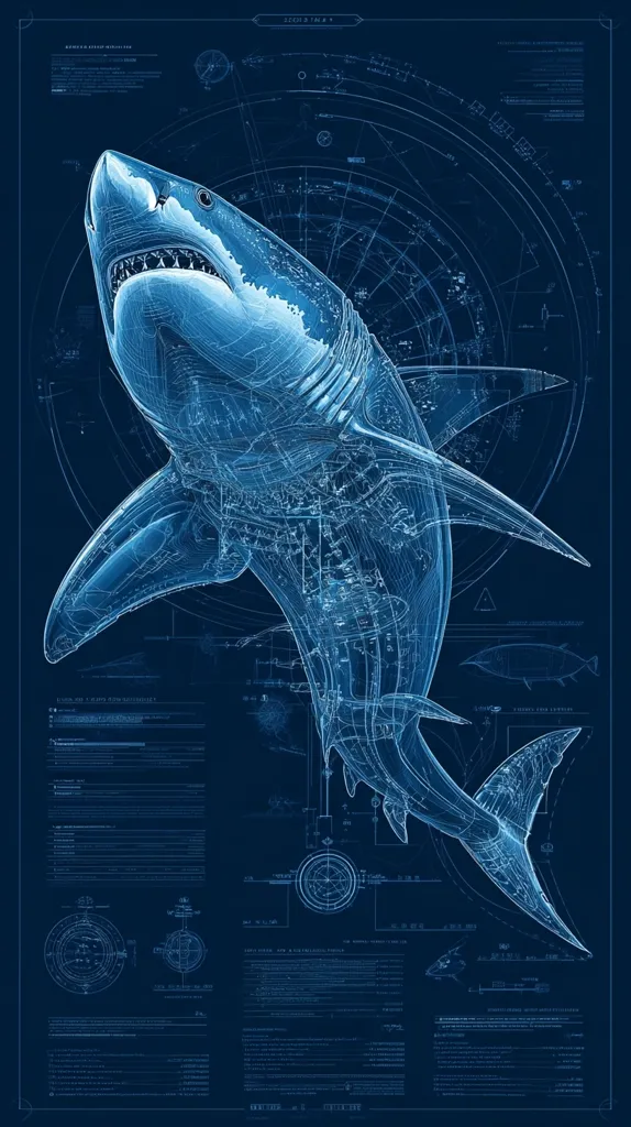A stylized great white shark is depicted in a blueprint-like design.  The image is rendered in shades of blue, with the shark appearing as a translucent wireframe against a background of technical diagrams, schematics, and compass roses.  The overall aesthetic suggests a technical or scientific study of the creature, presenting it as a complex, engineered entity.