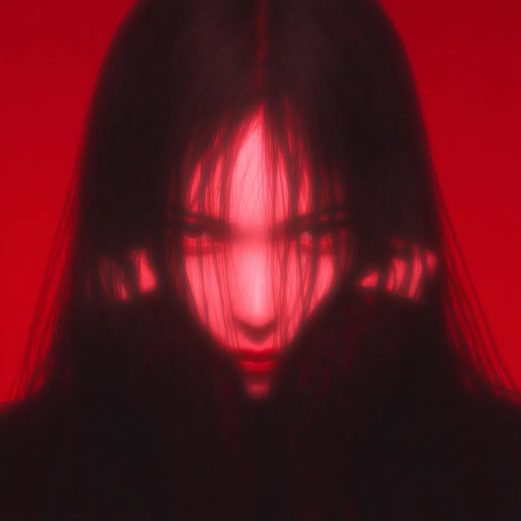 A woman with long, dark hair partially obscures her face.  She is illuminated by a stark red light, creating a dramatic and mysterious atmosphere. Her expression is intense, almost menacing, hinted at through her eyes and slightly parted lips. The overall effect is one of shadowy allure and hidden emotion.
