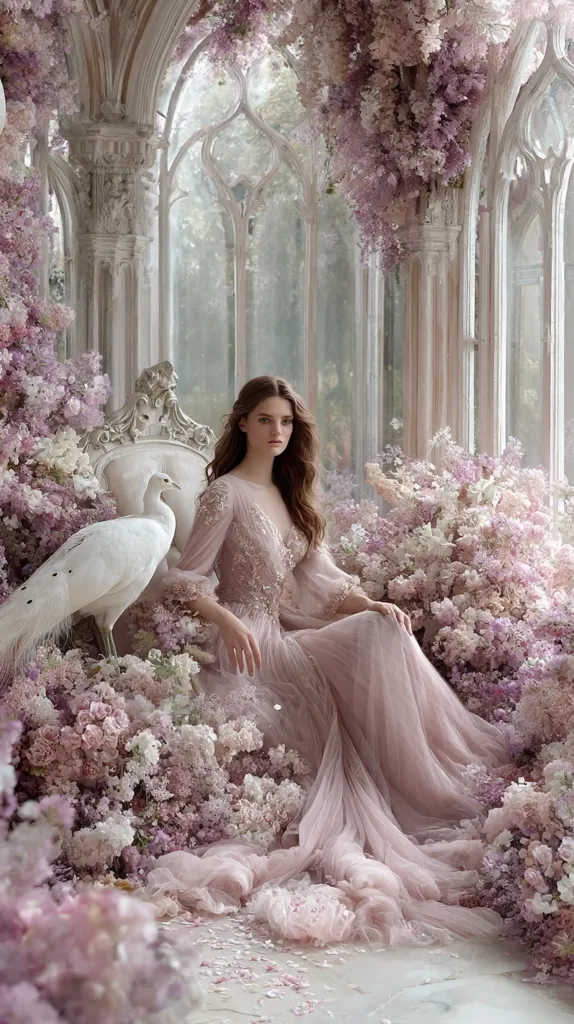A woman in a long, pale pink, embroidered gown sits amidst a profusion of pale purple and pink flowers in a light-filled, ornate, glass-walled structure. A white peacock sits beside her on an antique chair. The scene evokes a dreamy, romantic, fairytale atmosphere.  The overall palette is soft and delicate, creating a serene and elegant image.