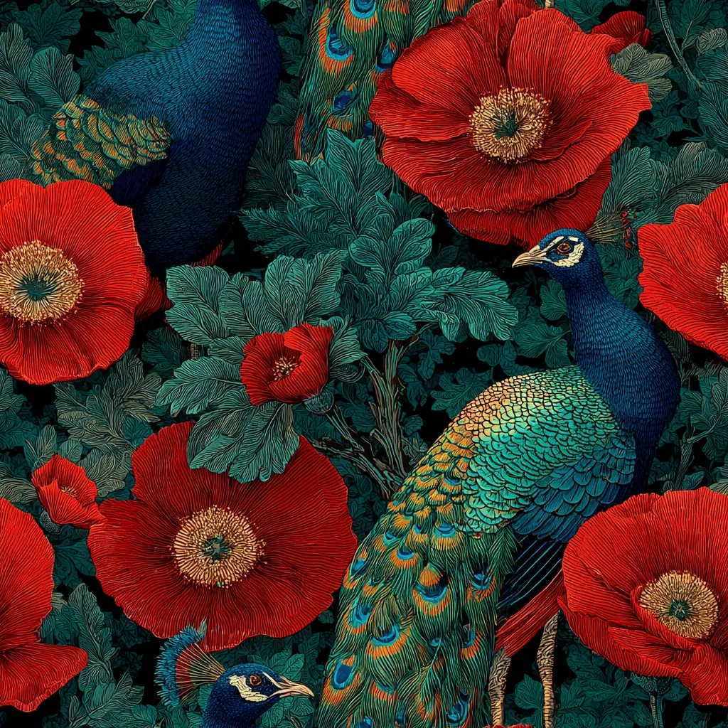 A vibrant illustration showcases peafowl amidst a lush garden of crimson poppies.  Intricate detailing emphasizes the peacocks' iridescent plumage and the poppies' delicate textures.  Deep teal foliage creates a rich backdrop, enhancing the contrast between the jewel-toned birds and the bold red flowers.  The artistic style suggests a vintage or Art Nouveau influence.