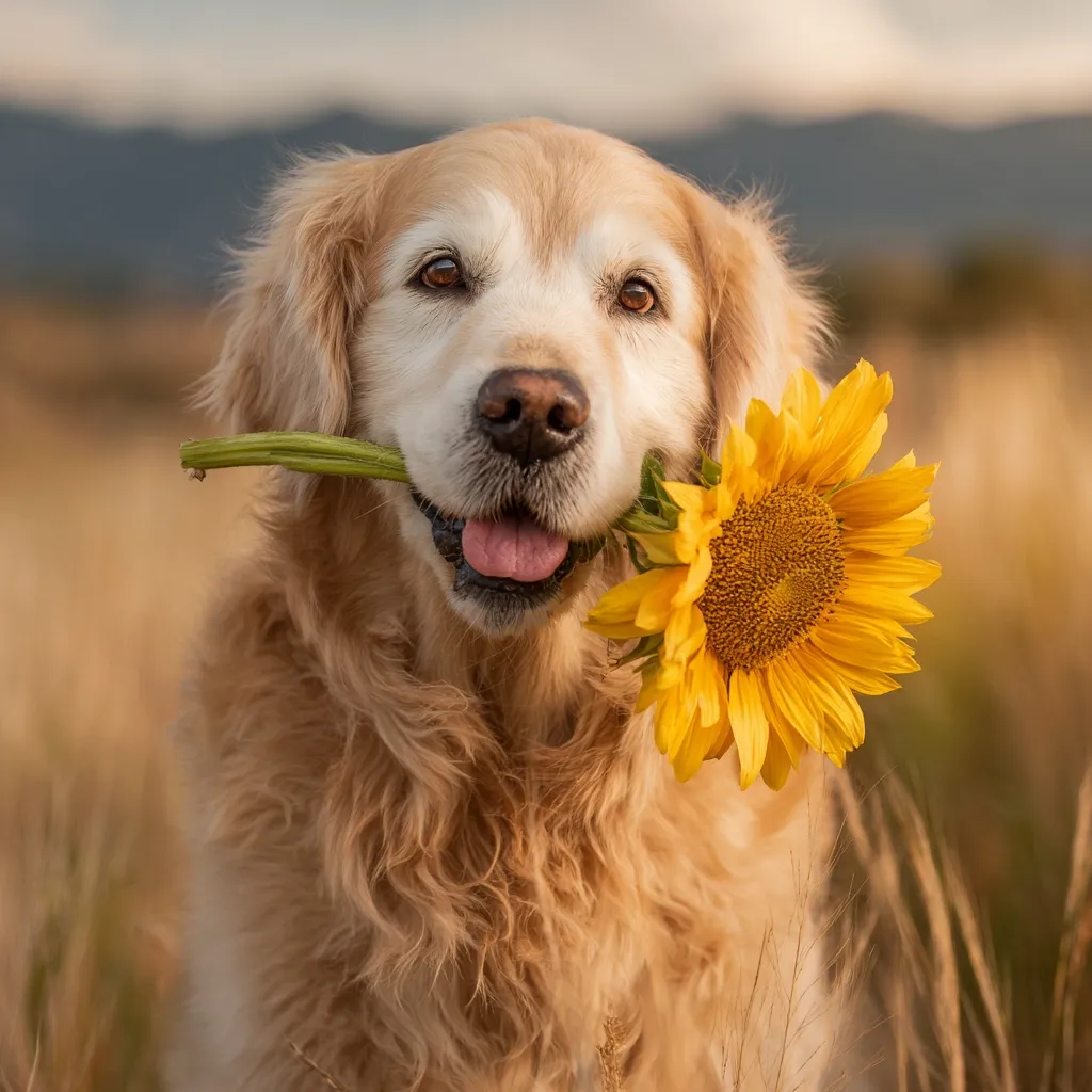 A golden retriever dog sits in a field of tall grass, gently holding a large sunflower in its mouth.  The dog's fur is a light golden color, and its expression is sweet and gentle. The sunflower is bright yellow, contrasting beautifully with the dog's fur. The overall image evokes feelings of warmth, happiness, and the beauty of nature.