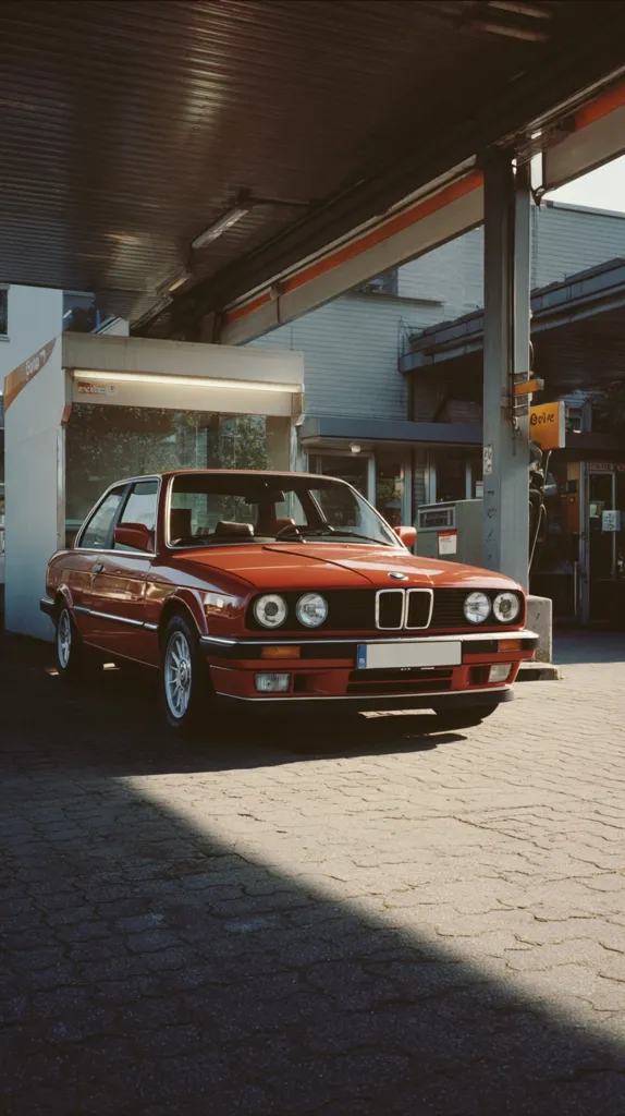 A classic red BMW E30 is parked under a gas station canopy.  The car is positioned slightly off-center, with sunlight casting a shadow across the pavement. The setting appears to be a European gas station with a simple design and muted colors. The overall aesthetic is nostalgic and evocative of a bygone era.  The car's clean lines and vibrant color contrast with the muted surroundings.