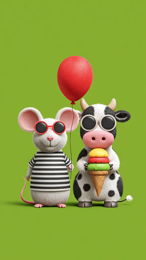 A cute mouse in a striped shirt and round sunglasses stands beside a similarly styled cow holding an ice cream cone. A red balloon floats between them against a bright green background.  Both animals are rendered in a 3D, cartoonish style, with soft fur and expressive features. The scene is playful and whimsical.