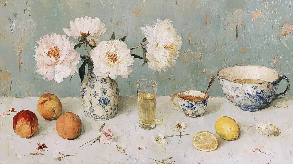 A still life painting depicts a serene scene.  White peonies in a blue and white porcelain vase are the centerpiece, flanked by three peaches and two lemons on a light-colored tablecloth.  Nearby sit a glass of pale yellow liquid, a small teacup, and a larger teacup brimming with tea, all in a similar blue and white porcelain style. The muted background enhances the soft hues of the painting.