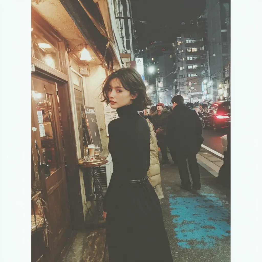 A young woman with short hair stands on a city street at night, wearing a black turtleneck dress.  The street is dimly lit, with shops and buildings visible in the background.  She appears to be walking away from the camera, looking over her shoulder. The scene has a slightly moody, atmospheric quality. A tray with a coffee cup sits on a small table nearby.