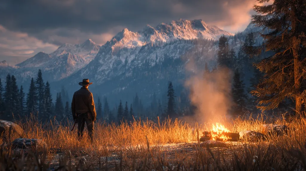 A lone figure in a cowboy hat stands silhouetted against a breathtaking backdrop of snow-capped mountains at sunset. A warm campfire crackles in the foreground, casting a golden glow on the tall grass. The scene evokes a sense of solitude and the vastness of the wilderness, perhaps hinting at a journey or a moment of peaceful reflection.  The atmosphere is serene yet dramatic, emphasizing the beauty and starkness of the natural world.