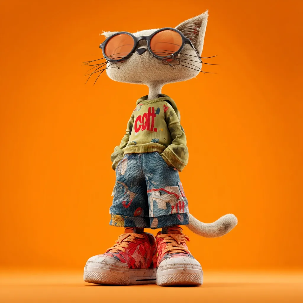 A stylish, anthropomorphic cat stands against a vibrant orange backdrop.  The cat sports round sunglasses, an olive green hoodie with a logo, paint-splattered denim shorts, and chunky sneakers, also adorned with paint. Its pose is relaxed yet confident, conveying a cool and playful demeanor. The overall image is digitally rendered with a focus on texture and detail in the cat's clothing.