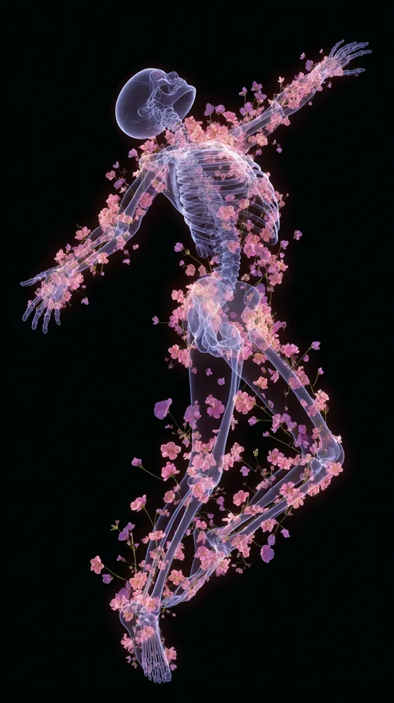 A translucent skeleton is depicted leaping joyfully, adorned with delicate pink blossoms sprouting from its bones.  The image is set against a stark black background, creating a striking contrast between the ethereal skeleton and the vibrant flowers. The overall effect is one of delicate beauty and unexpected juxtaposition, suggesting themes of life, death, and rebirth.