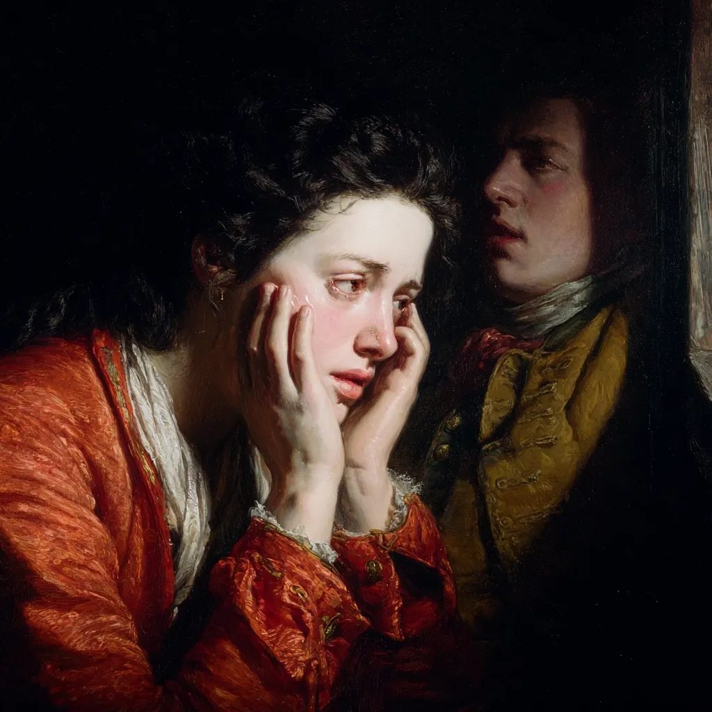 A poignant oil painting depicts a young woman in a rich red jacket, her face buried in her hands, tears streaming down her cheeks.  Beside her, a man in a muted gold jacket observes her distress. The dark background and somber expressions create a melancholic atmosphere, hinting at a shared sorrow or difficult circumstance. The woman's emotional vulnerability is the clear focus of the artwork.