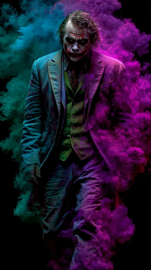 A striking portrait of the Joker, his iconic grin unsettling against the backdrop of swirling teal and purple smoke.  He's dressed in his signature suit and vest, the vibrant colors of the smoke enhancing the dramatic intensity of the image. The darkness surrounding him accentuates his menacing presence, creating a visually captivating and atmospheric scene.