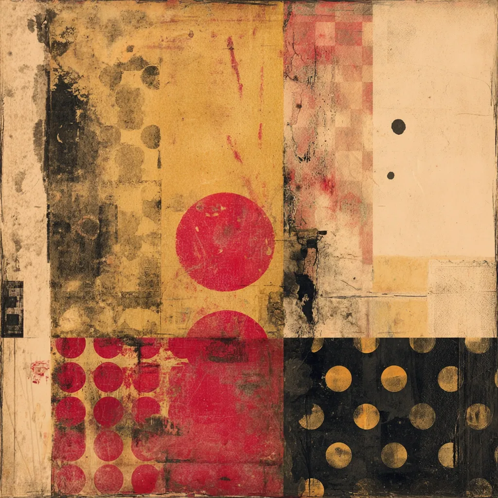 An abstract collage features a patchwork of textured rectangles and squares in muted yellows, reds, and blacks.  Distressed textures simulate aged paper or paint.  Red and gold polka dot patterns are prominent, juxtaposed against a checkered section and solid blocks of color.  The overall effect is one of layered complexity and visual depth.