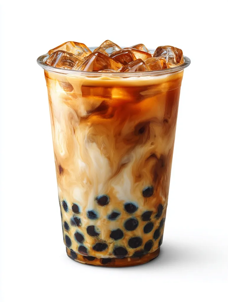 A plastic cup filled with iced brown sugar boba milk tea.  The drink is layered, showing a mixture of creamy milk and brown coffee, topped with ice cubes.  Numerous dark tapioca pearls are visible at the bottom of the cup.  The image is set against a clean white background.
