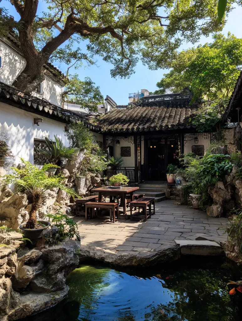 A serene courtyard garden, nestled within traditional Chinese architecture.  A dark wood table and chairs sit on a stone patio, surrounded by lush greenery and a small koi pond.  A large tree casts shade over the scene, providing a tranquil ambiance. The buildings feature classic Chinese-style roofs and white walls, creating a peaceful and picturesque setting.