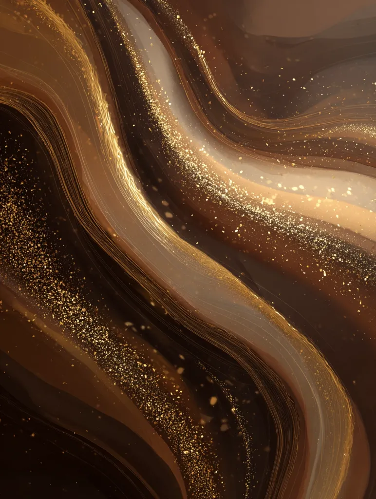 The image showcases a luxurious abstract design.  Fluid, swirling shades of brown and beige create a marbled effect, interspersed with shimmering gold accents that resemble scattered glitter. The overall impression is one of richness, elegance, and subtle movement. The dark background enhances the golden highlights, creating a captivating visual texture.