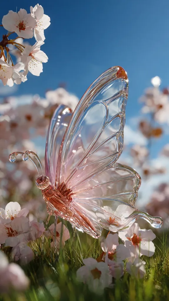 A delicate, glass butterfly with a rosy hue rests amidst a field of blooming cherry blossoms.  The clear wings capture the sunlight, creating a dreamy, ethereal scene.  The contrast between the fragility of the glass and the vibrant blossoms evokes a sense of spring and delicate beauty. The background features a clear blue sky.