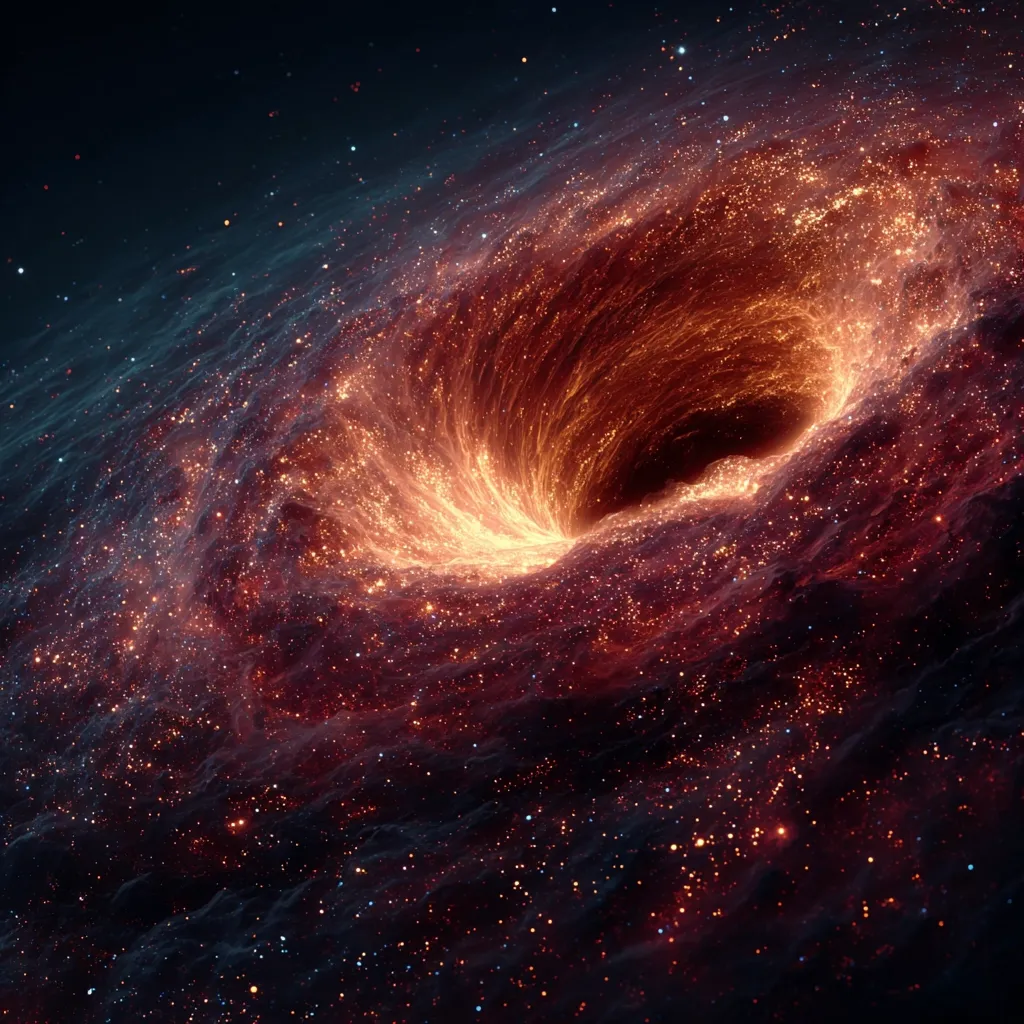 A mesmerizing depiction of a black hole, its gravitational pull warping the surrounding space.  Intense, fiery orange and red hues swirl around the central singularity, speckled with countless stars.  The cosmic dust and gas form a vortex, creating a visually stunning and awe-inspiring image of a celestial event. The dark expanse of space provides a stark contrast to the vibrant energy emanating from the black hole.