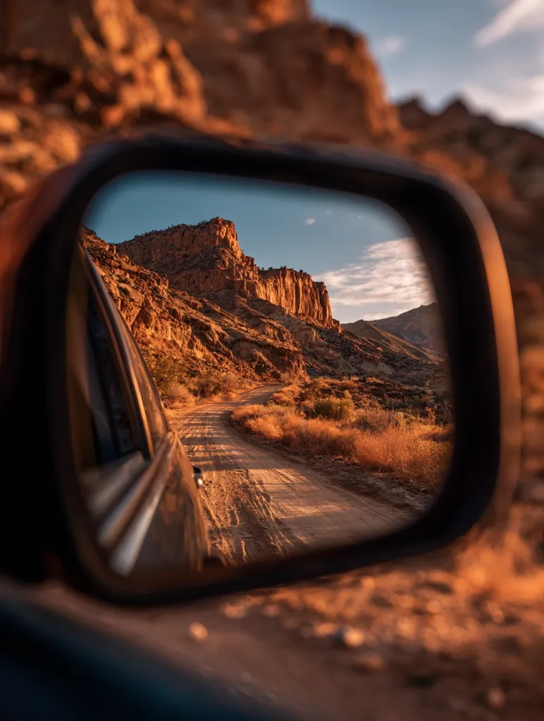 A dusty desert road winds through a rugged, sun-drenched landscape, reflected in a car's side mirror.  Towering, reddish-brown cliffs rise in the background under a clear sky. The warm light suggests either sunrise or sunset, casting long shadows across the arid terrain. The image conveys a sense of adventure and solitude on a remote journey.
