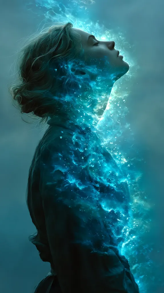 A woman with blonde hair is depicted in profile, her head tilted back.  She appears to be merging with, or emanating, a vibrant, swirling teal energy resembling water or ethereal light. The effect is dreamlike and surreal, suggesting a transformation or spiritual awakening.  The overall tone is mystical and calming.