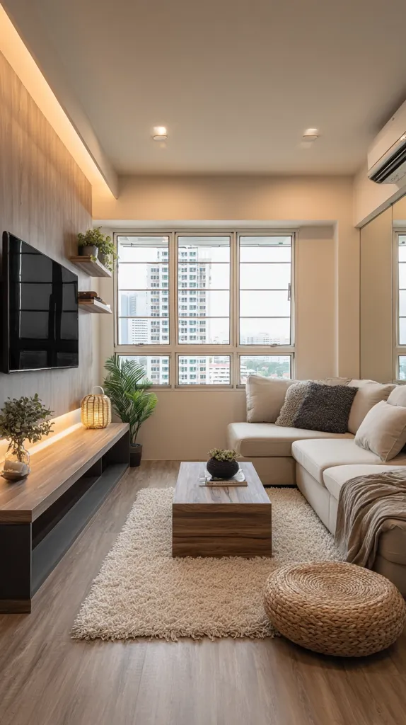 A modern living room features a beige sectional sofa, a wooden coffee table, and a large flat-screen TV mounted on a wood-paneled wall.  A fluffy white rug anchors the seating area.  Natural light streams in from large windows overlooking a cityscape.  The room is decorated with plants and minimalist wooden shelving. The overall aesthetic is clean, warm, and inviting.