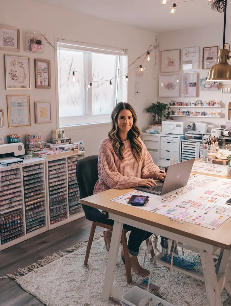 A woman sits at a large, light wood desk in her craft room, working on a laptop.  The room is brightly lit and organized, featuring walls adorned with framed art and shelves stocked with colorful supplies.  String lights add a warm ambiance.  The overall aesthetic is clean, bright, and creative, reflecting the organized nature of the craft space.  A fluffy rug sits under the desk.