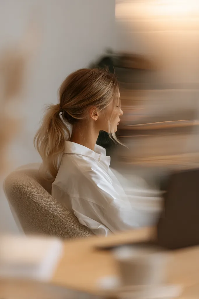 A woman with blonde hair in a low ponytail sits in a beige armchair, wearing a white oversized shirt.  Her eyes are closed, suggesting a moment of calm or contemplation. The background is blurred, creating a sense of peaceful stillness. The overall aesthetic is minimalist and serene.