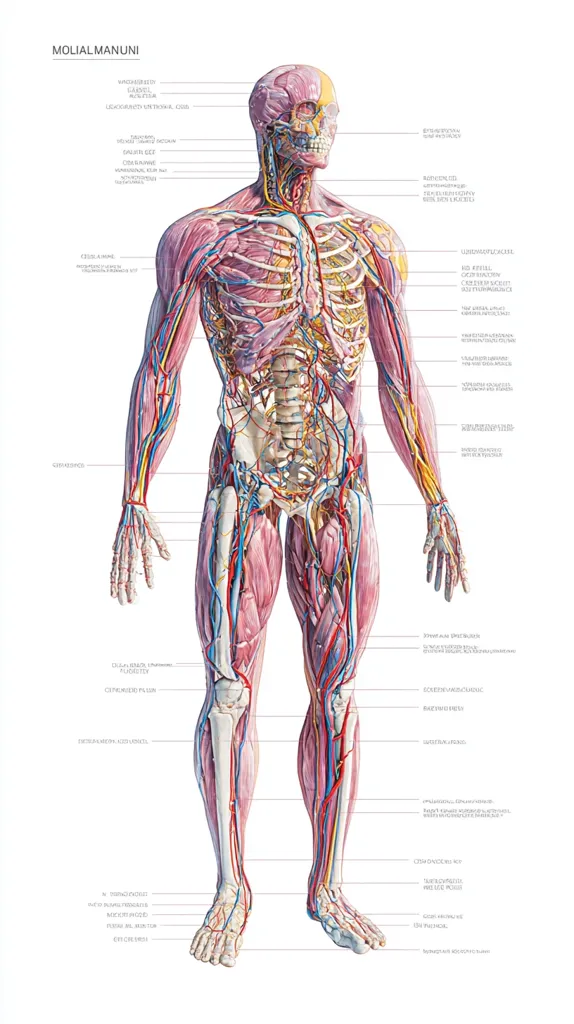 A detailed anatomical illustration showcases the human body's musculature, skeletal system, and vascular network.  The image displays a full-body view, with labeled structures in Latin.  The artwork offers a comprehensive visual guide to human anatomy, highlighting the intricate relationships between muscles, bones, arteries, and veins.  The high level of detail makes it a valuable resource for medical students and professionals.
