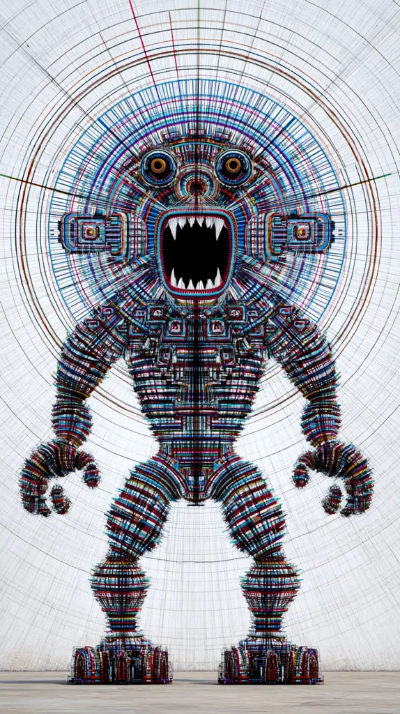 A digital artwork depicts a monstrous, humanoid figure constructed from intricate, multicolored geometric patterns. The creature's head resembles a stylized mask with a gaping maw filled with sharp teeth, and large, round eyes.  Its body is segmented, appearing mechanical yet organic, layered with repeating designs.  The background features radiating lines, adding depth and a sense of movement. The overall style is complex and visually arresting.