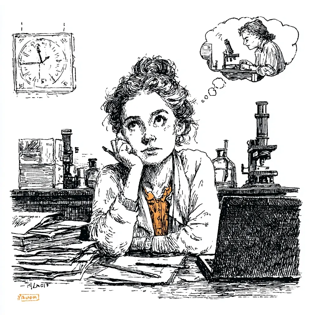 A pensively drawn young woman, possibly a scientist, rests her chin on her hand at a cluttered desk.  A thought bubble reveals her imagining herself working at a microscope.  Scientific instruments, including a microscope and various containers, are visible. The scene is rendered in detailed black and white ink, creating a contemplative and slightly melancholic atmosphere. A clock on the wall suggests the passage of time.