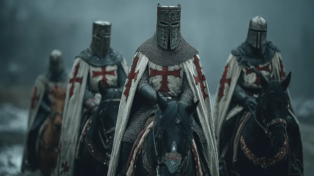 A group of medieval knights, clad in chainmail and surcoats bearing the red cross of the Knights Templar, ride their dark horses through a misty landscape.  The central knight is in sharp focus, his helmet and armor reflecting the somber light. The other knights trail behind, creating a powerful and imposing image of military might and religious devotion.  The overall mood is one of seriousness and impending action.