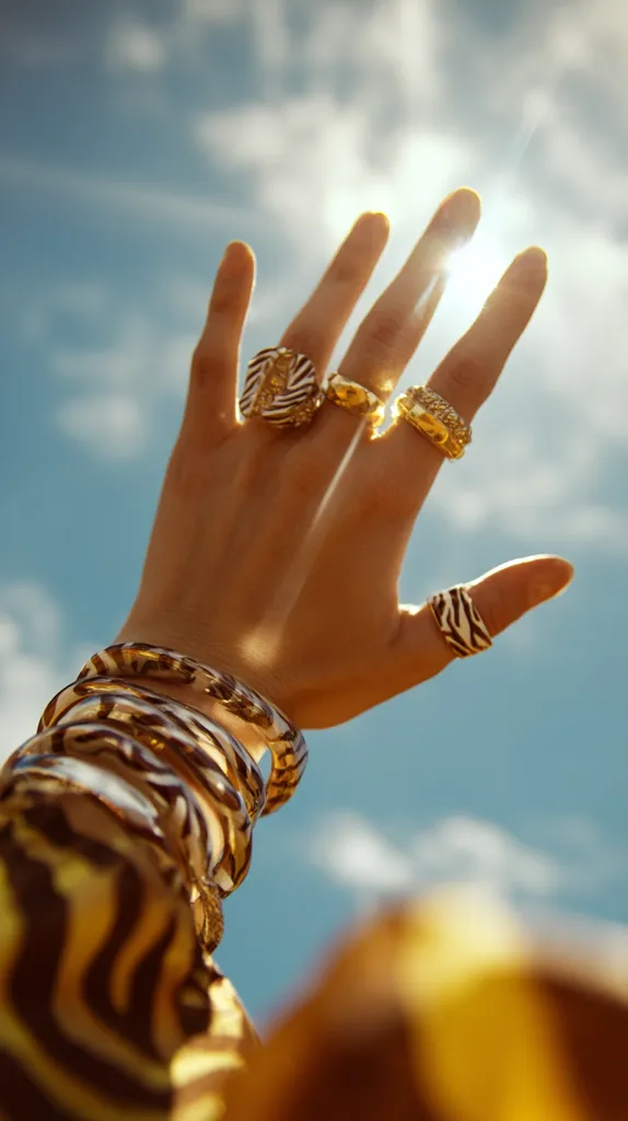 A hand adorned with gold and zebra-striped rings reaches towards the sun.  The hand is wearing several stacked bangles, also in a zebra print and gold. The background is a bright, sunny sky. The image evokes a feeling of warmth, luxury, and summery freedom. The jewelry is the focal point, showcasing its unique designs against the backdrop of the sky.