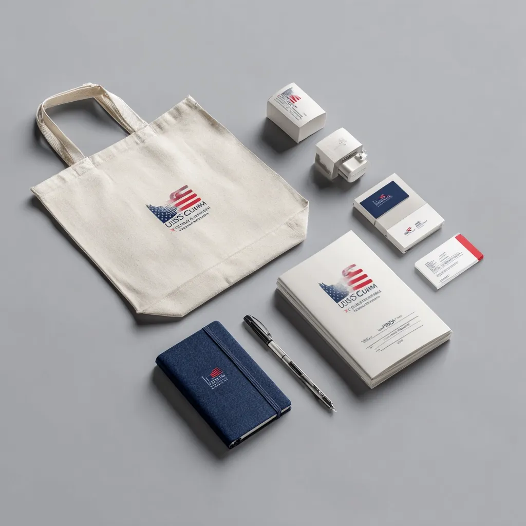 A flat lay showcasing a brand identity kit for Ulus Cum.  The items include a tote bag, notebook, business cards, a small box, and a pen.  All items feature the Ulus Cum logo, incorporating an American flag design. The color scheme is muted, with navy blue and beige accents. The overall aesthetic is clean, modern, and professional.