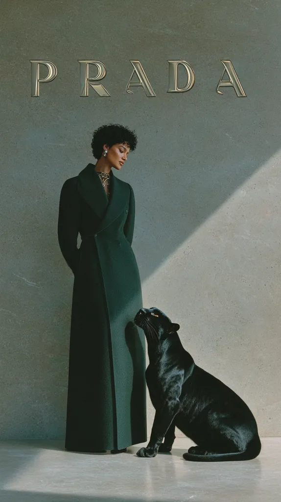 A fashion photograph showcases a woman in a long, dark green Prada coat.  She stands against a muted green backdrop, her short hair styled neatly. A black panther sits calmly beside her, its dark fur contrasting sharply with the coat. The Prada logo is prominently displayed above. The overall mood is sophisticated and mysterious.