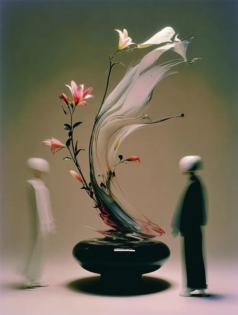 A striking floral arrangement is the centerpiece of this image. Pink and white lilies are artfully positioned within a dynamic, swirling, transparent vase, which appears sculpted from paint or resin.  Two blurred figures flank the arrangement, adding a sense of scale and mystery. The overall aesthetic is one of modern elegance and artistic expression. The dark, rounded base of the vase provides a grounding contrast to the lightness of the flowers and the vase itself.