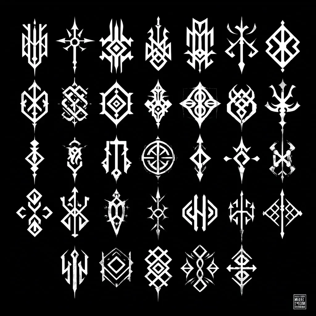 A collection of thirty-six unique, stylized symbols arranged in a grid pattern against a black background.  The symbols are predominantly geometric, featuring sharp angles and intricate designs.  They evoke a sense of ancient runes or mystical sigils, each possessing a distinct and symbolic character.  The white color of the symbols contrasts sharply with the dark background, enhancing their visual impact.