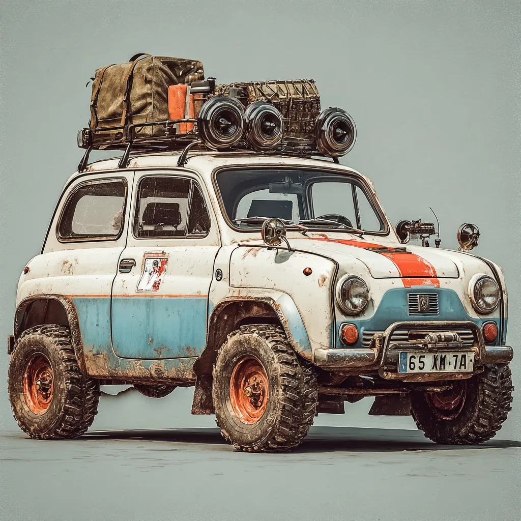 A weathered, off-road modified vintage car, possibly a Fiat 600, is depicted.  It's painted white and light blue with a red stripe, and features a roof rack laden with luggage and jerry cans.  Large, mud-caked tires suggest extensive off-road use. The car displays a license plate, adding to its aged and traveled appearance.  The overall impression is one of rugged adventure and well-worn journeys.